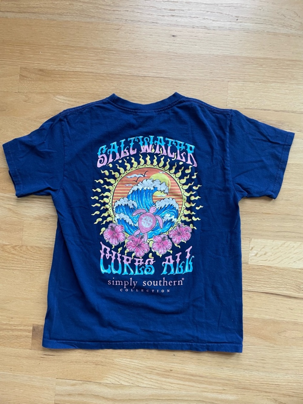 Simply Southern Youth Medium T-Shirt - Saltwater Cures All Blue w Turtle